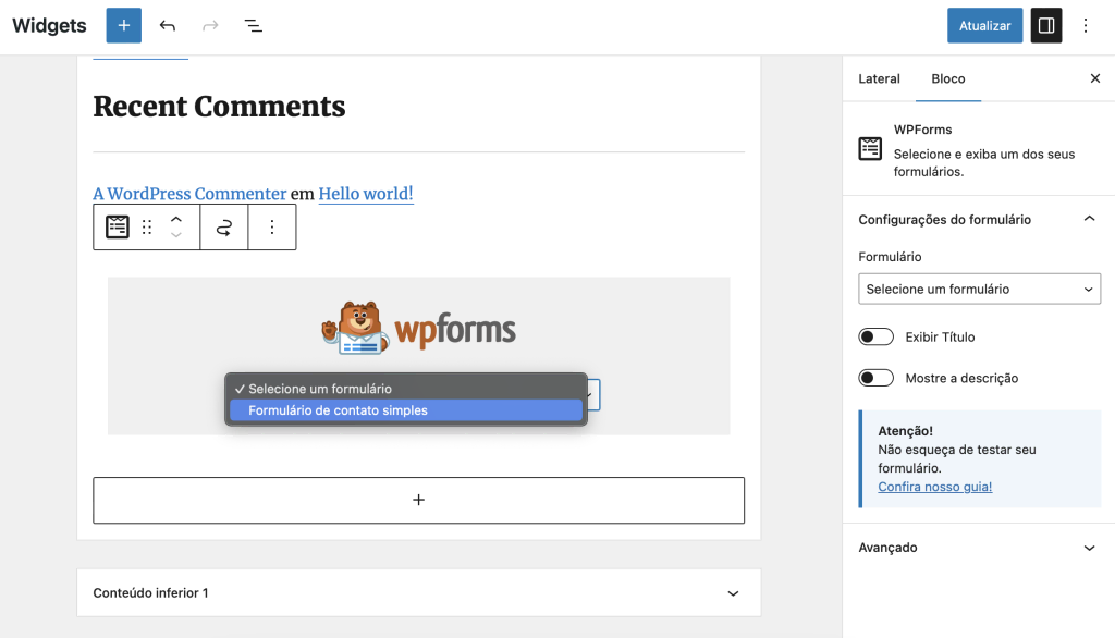 adicionando formulario de contato wordpress a área de widgets com o wpforms