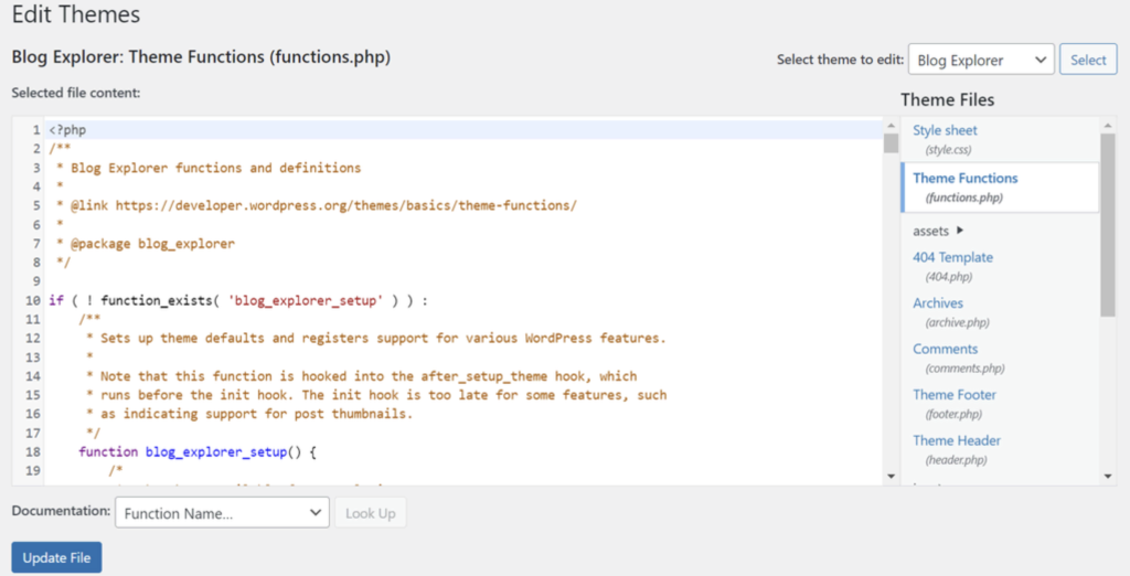 editando arquivo functions.php no editor de temas do wordpress