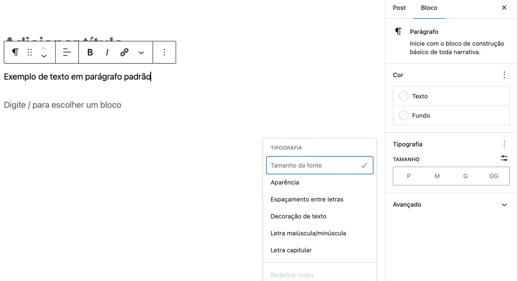 opções avançadas de texto no editor gutenberg do wordpress