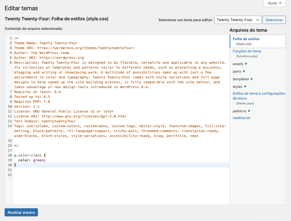css personalizado wordpress no editor de arquivos de tema
