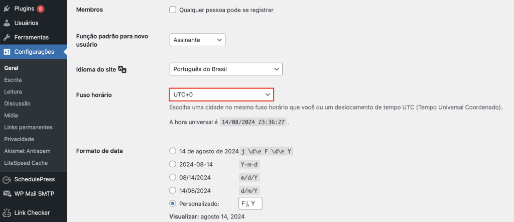 alterando fuso horário de site wordpress