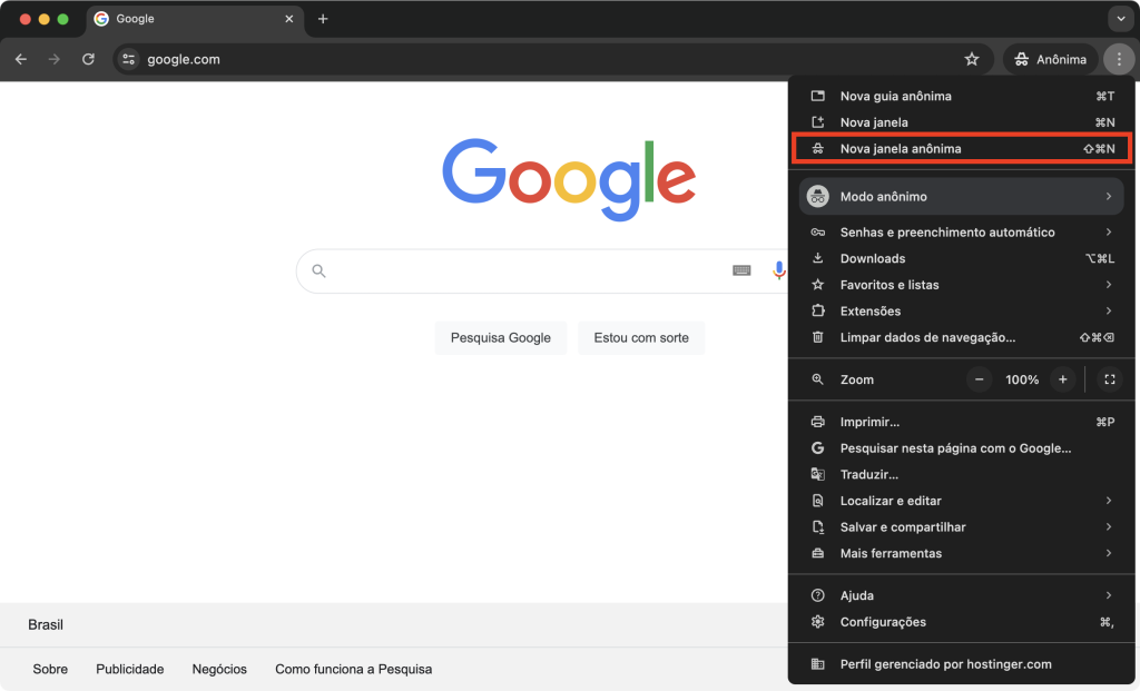 abrindo nova janela anônima no google chrome