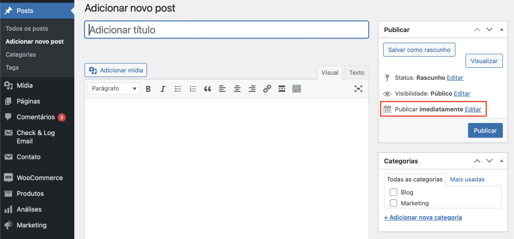 opção de publicar imediatamente no editor clássico do wordpress