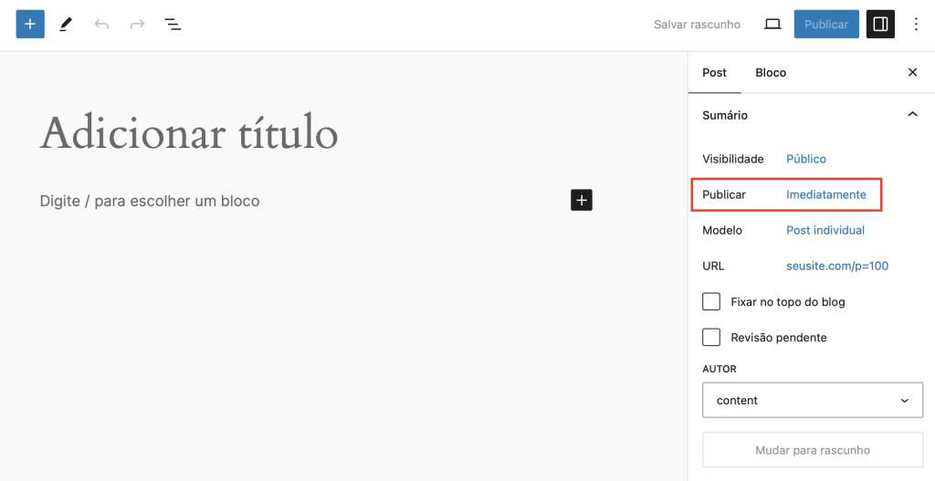 opção de publicar post imediatamente no editor de blocos do wordpress