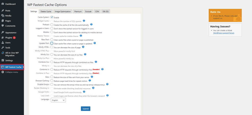 limpando cache de site wordpress no wp fastest cache