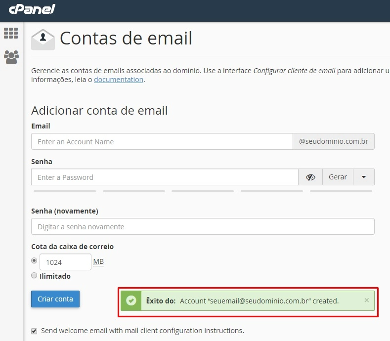 mensagem de confirmação que você aprendeu como criar uma conta de email no cpanel