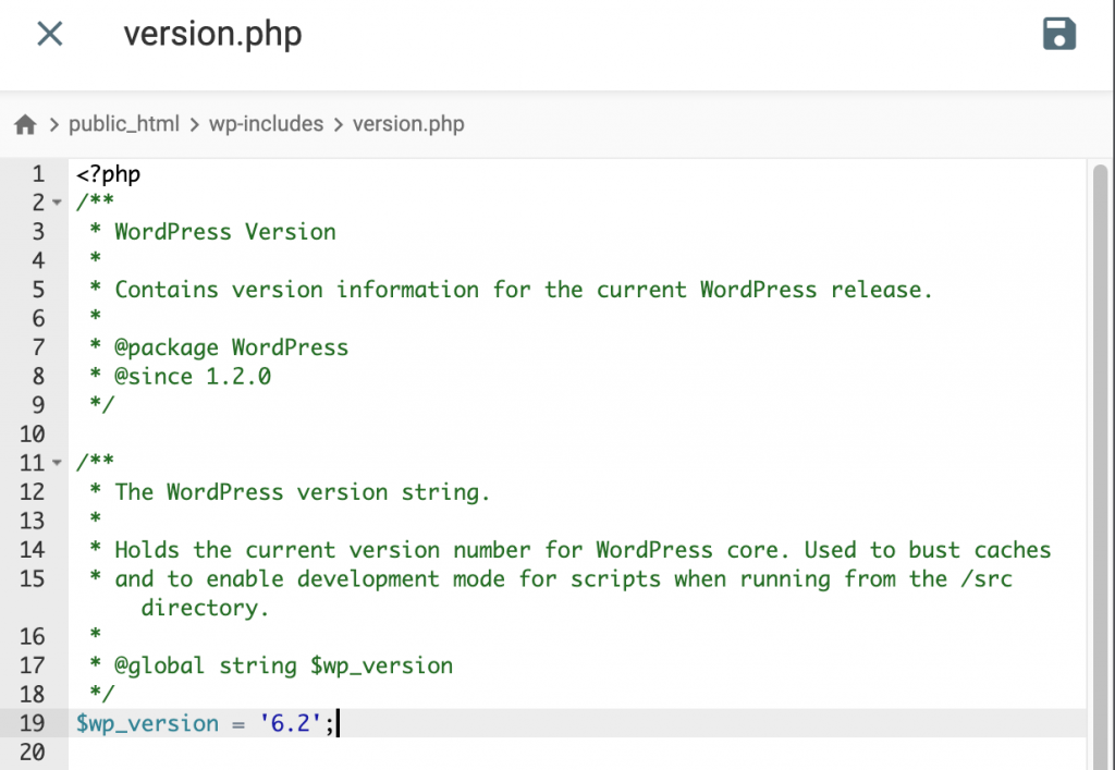 O conteúdo do arquivo version.php no Gerenciador de arquivos da Hostinger