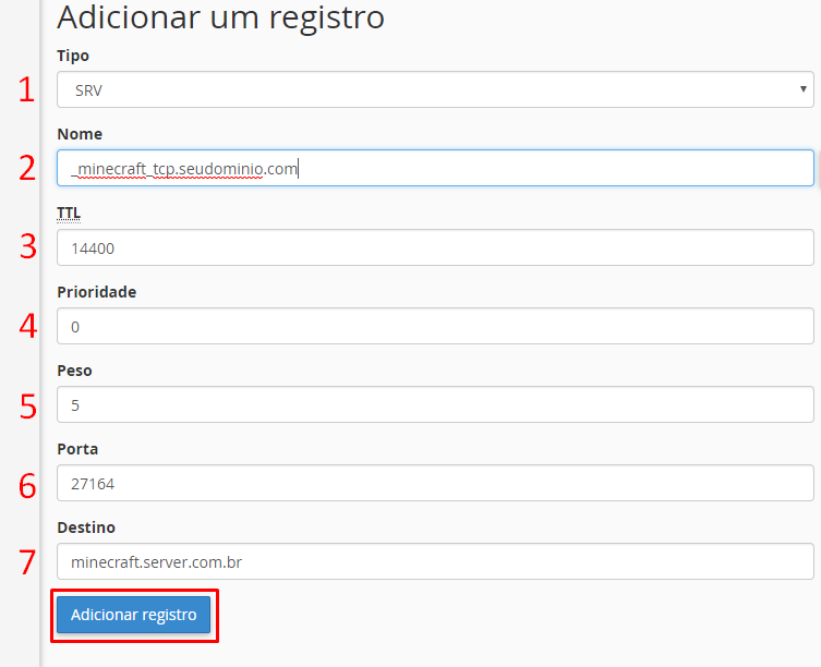 informações de serviço para criar registro srv no cpanel