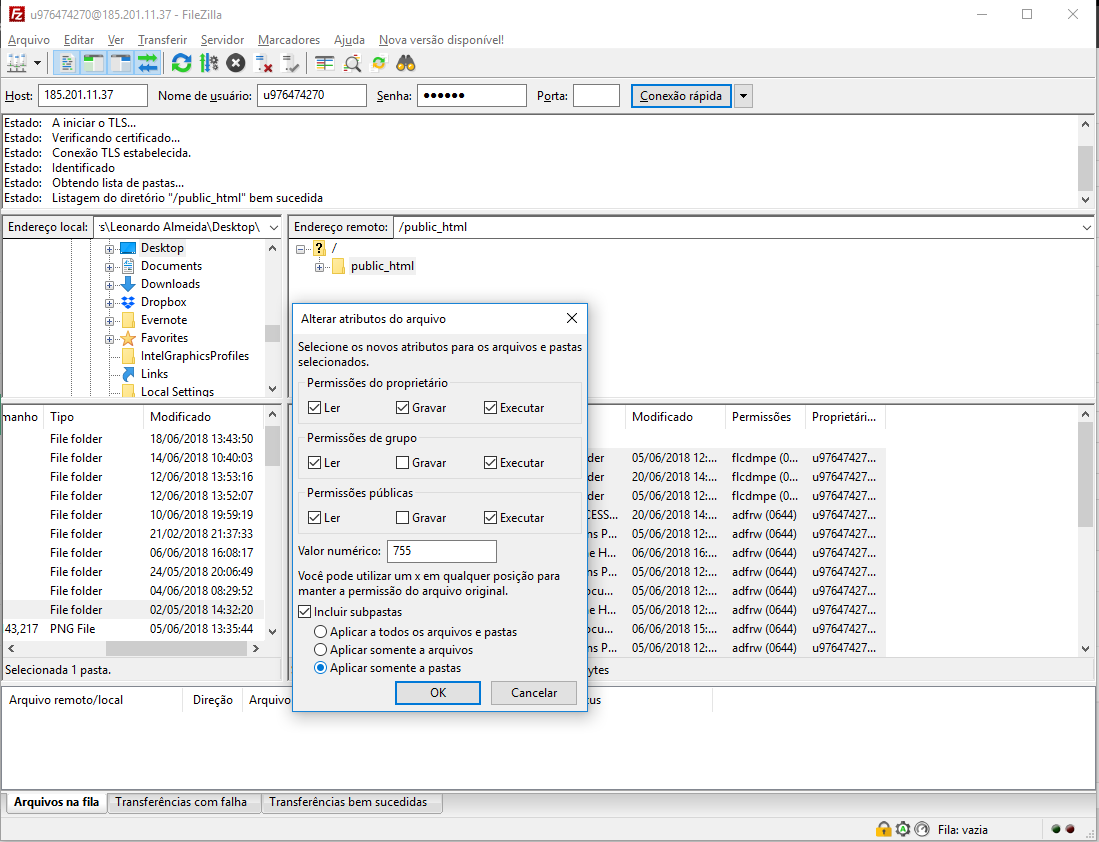 alterando atributos e permissões de arquivo pelo cliente ftp