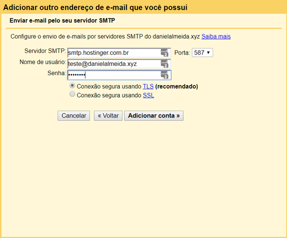 configurando envio de email pelo servidor smtp no gmail