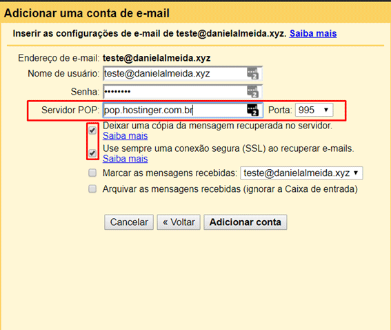 opções ao adicionar e-mail no gmail