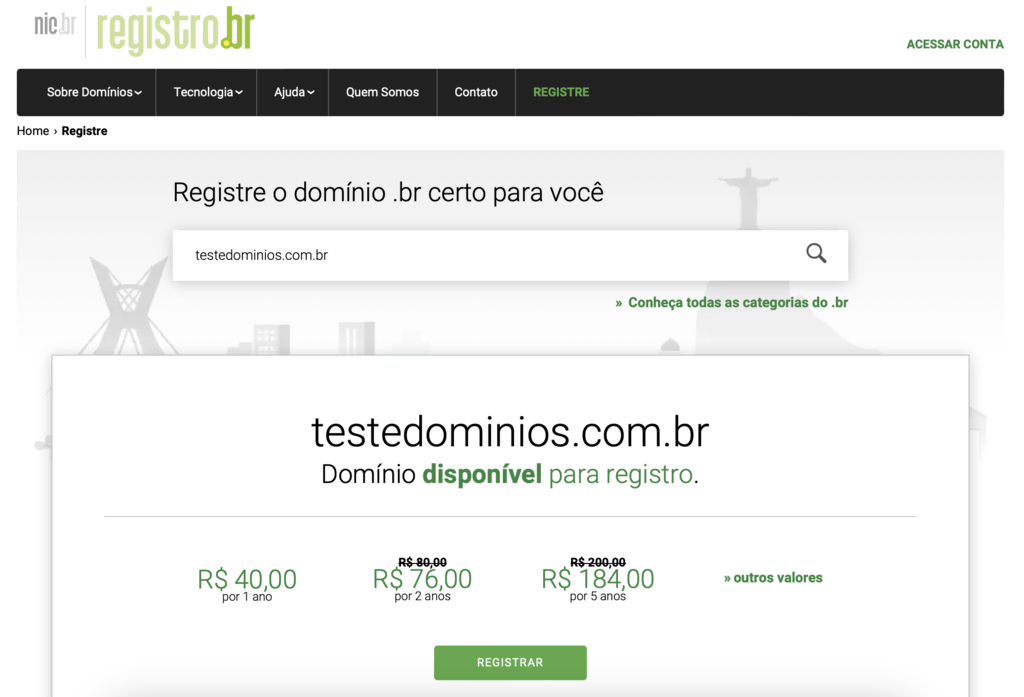 registrando domínio na registro.br
