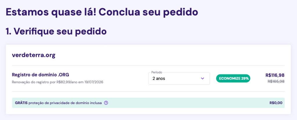 comprando domínio com a hostinger