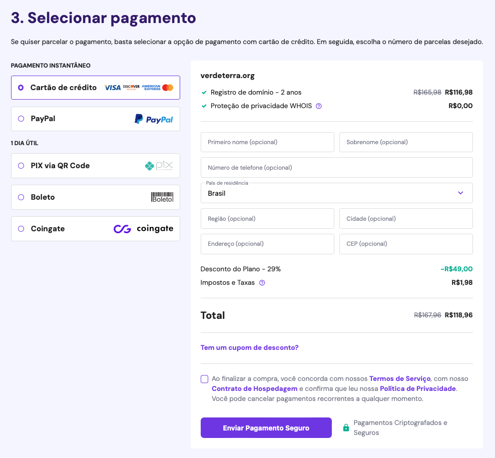 selecionando opção de pagamento: como registrar um domínio com a hostinger