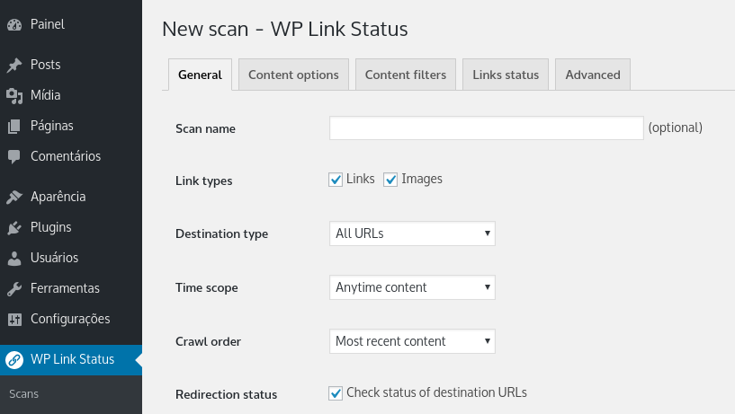 configurando checagem de links no wp links checker