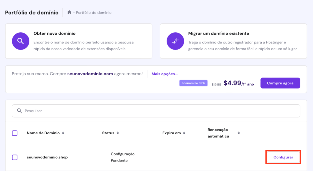 configurar domínio recém-comprado no hpanel