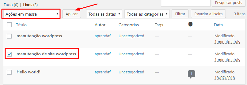 opção de excluir posts e página no wordpress