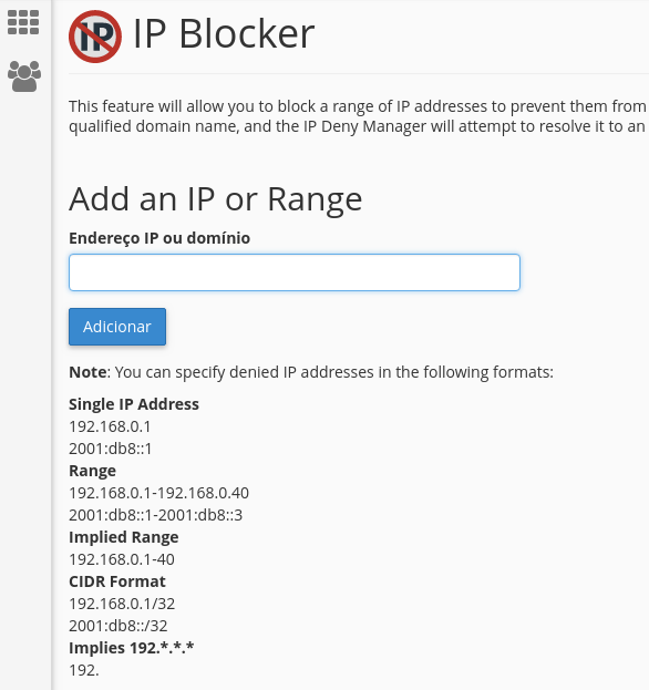 tela de informações para inserir e bloquear IP ou domínio no cPanel