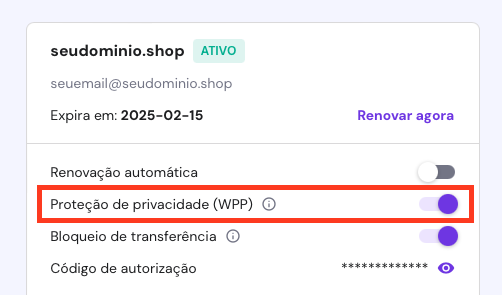 ativando proteção de privacidade (WPP) de domínio no hpanel