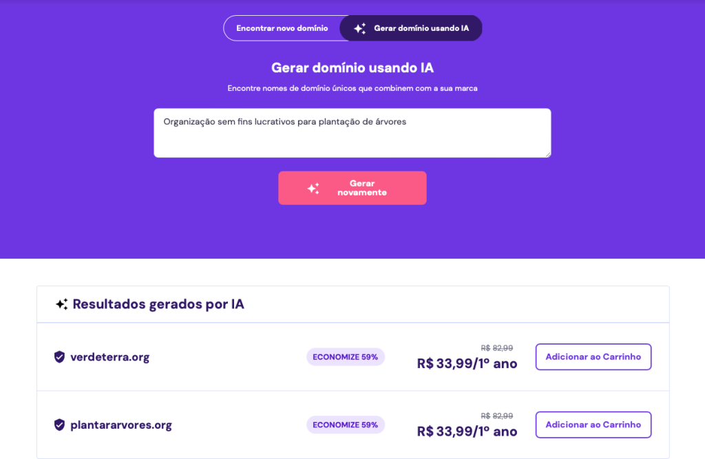 ferramenta da hostinger para sugerir domínios com IA