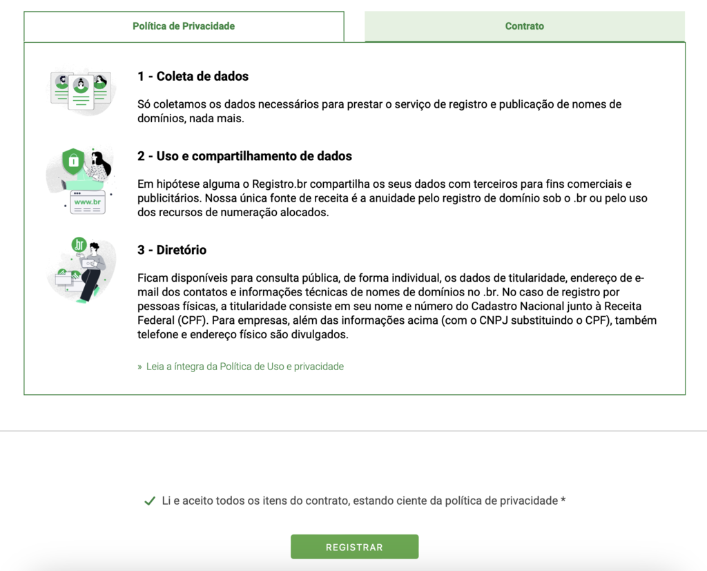 aceitando termos e condições ao ao registrar domínio no registro.br