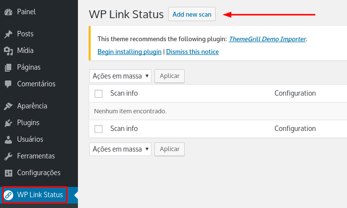 fazer nova scan e verificar por links quebrados no site wordpress