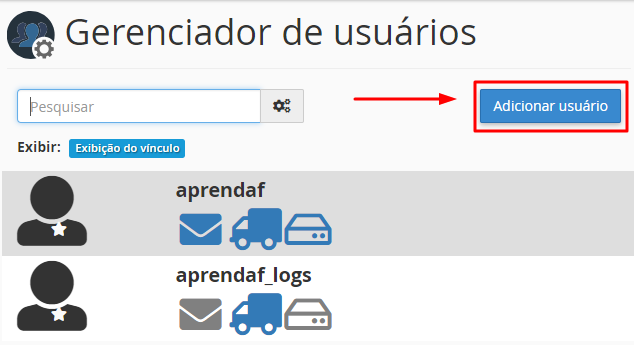 botão de adicionar usuários no cPanel