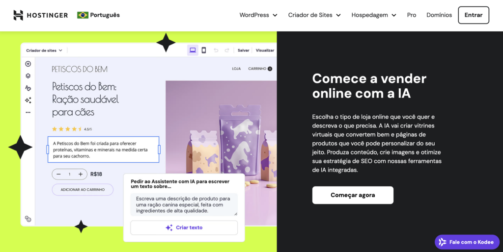página inicial do criador de loja virtual com ia da hostinger