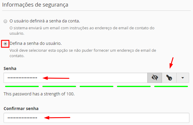 informações de segurança do novo usuário cPanel