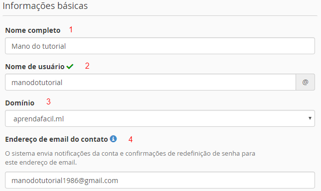 informações de novo usuário do cPanel