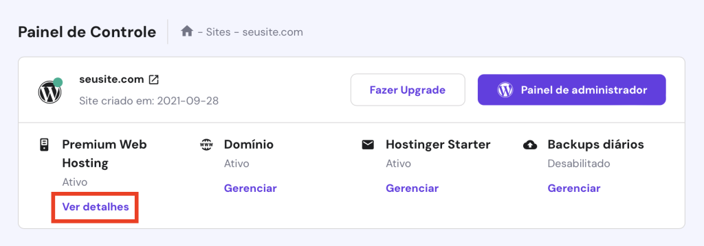 botão ver detalhes na visão geral do plano de hospedagem do hpanel