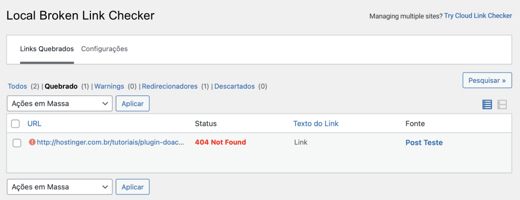 lista de links quebrados no plugin broken link checker para wordpress