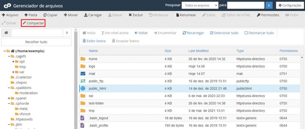 opção de compactar pasta public html no cpanel