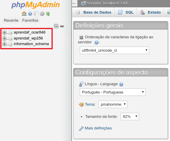 escolher banco de dados no phpmyadmin