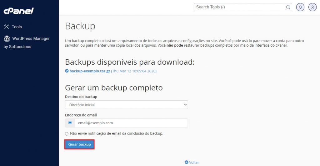 gerar backup completo no cpanel