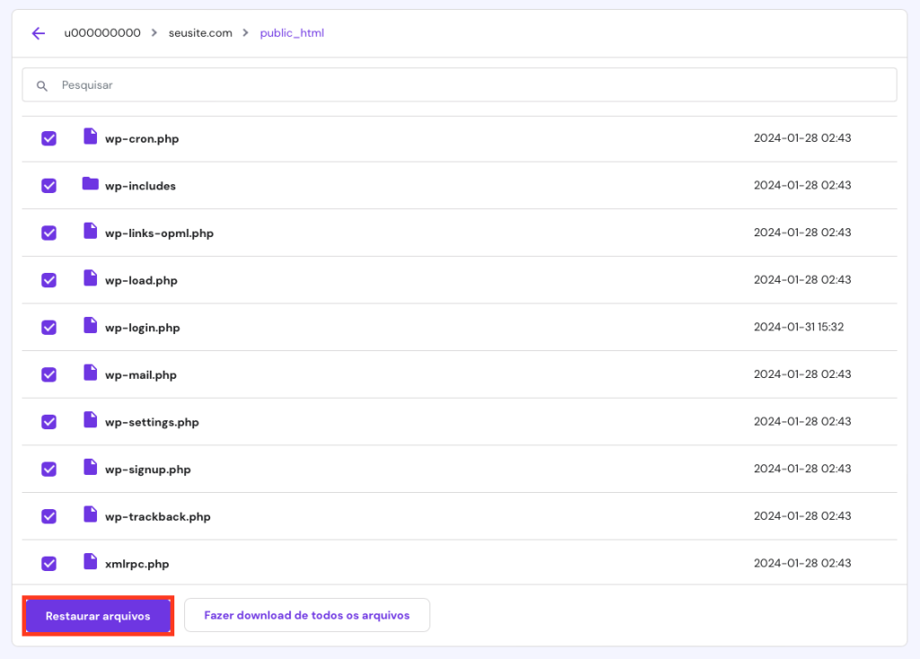 restaurando arquivos de backup pelo hpanel