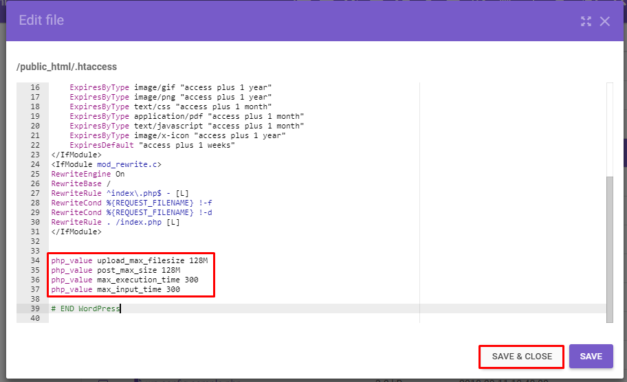 salvar alterações do limite de aupload de arquivos do wordpress