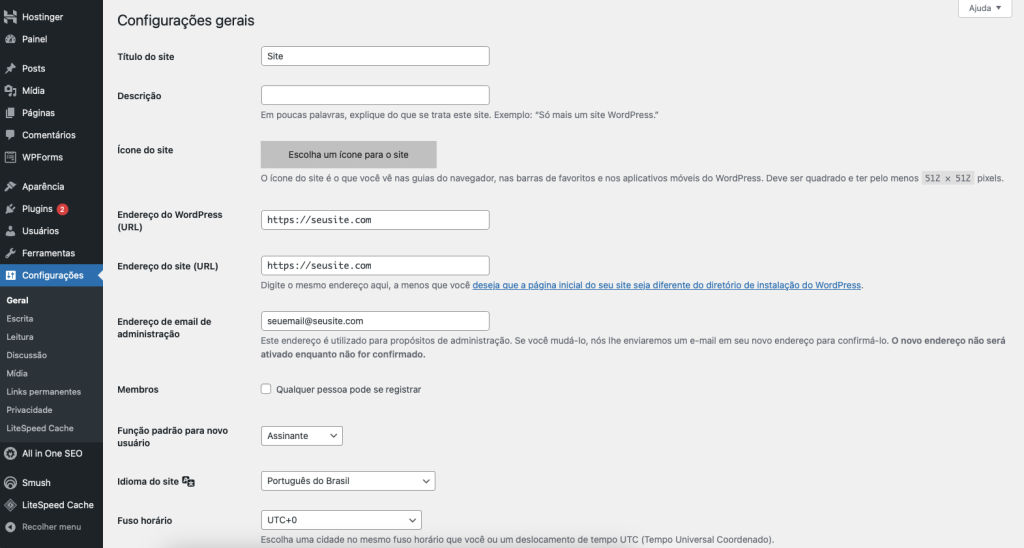 configurações gerais do wordpress