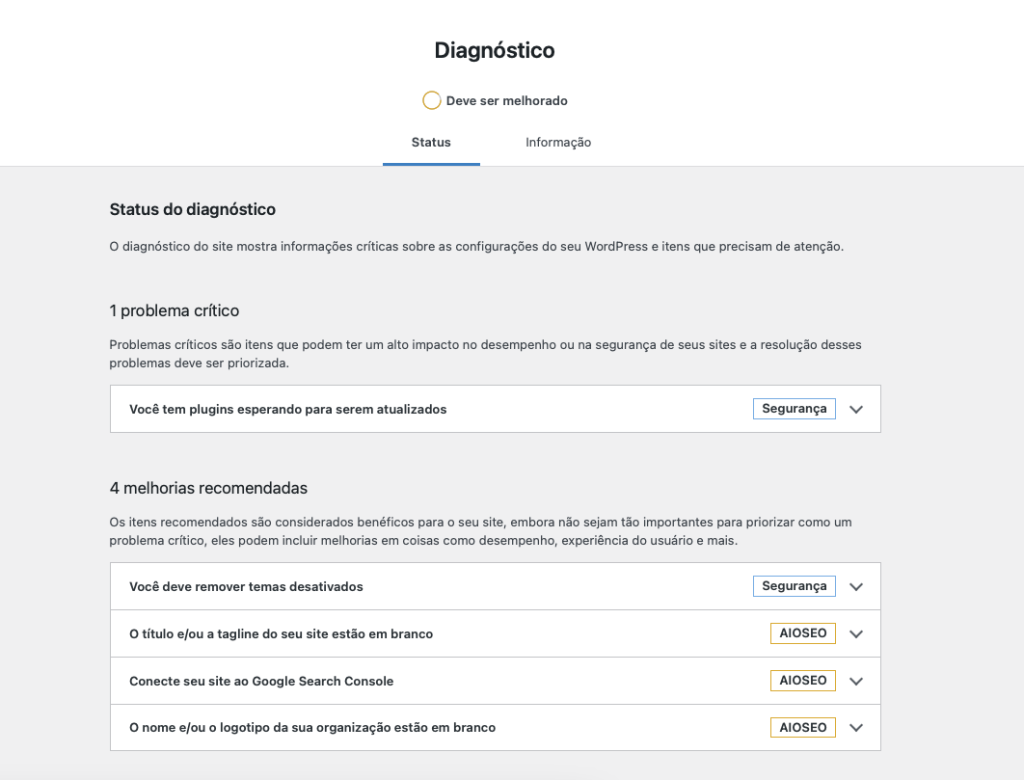 ferramenta diagnóstico no wordpress