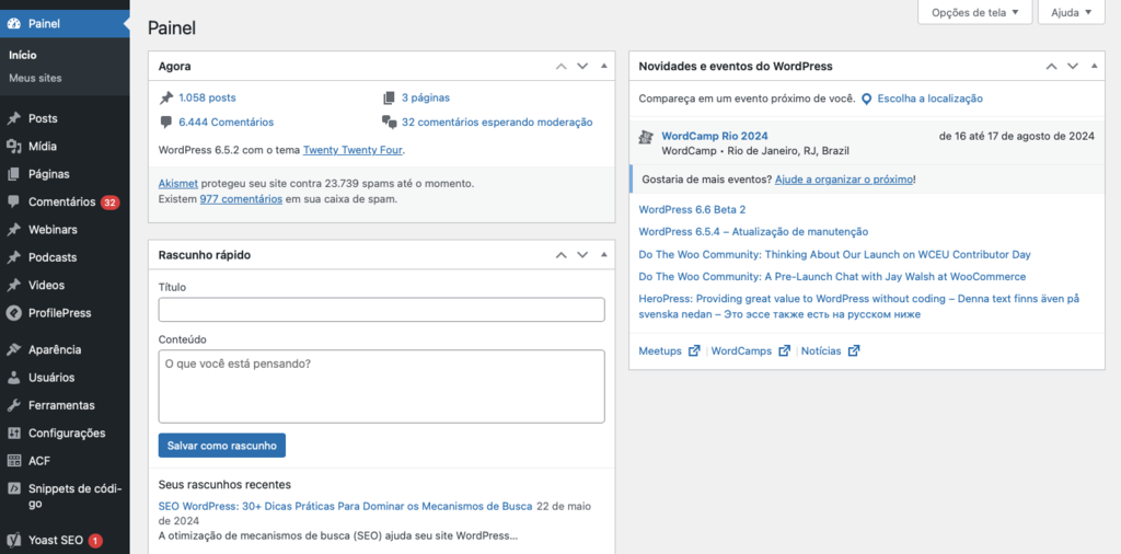 painel inicial do wordpress