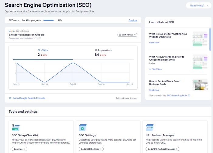 painel de seo do wix