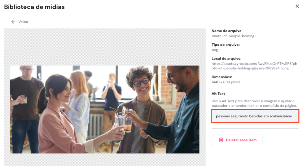 editando texto alternativo (alt text) na biblioteca de mídia do criador de sites da hostinger