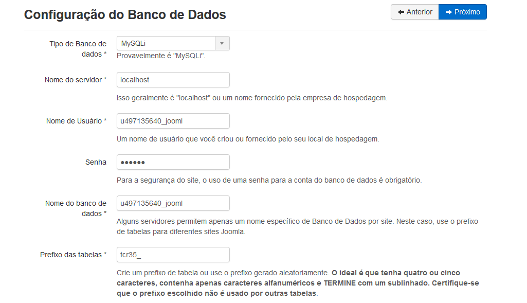 configurações do banco de dados