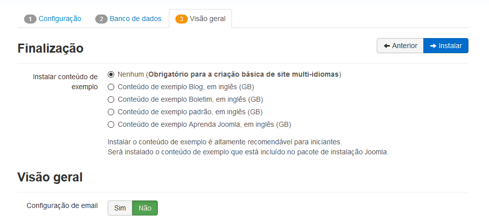 configurações finais da instalação do joomla