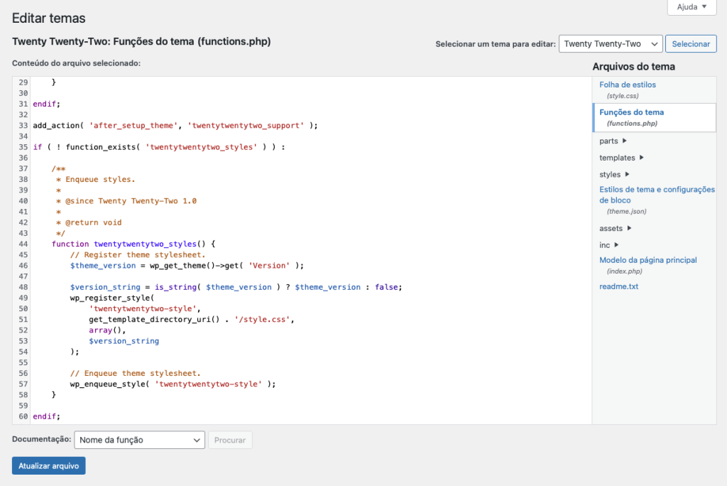 editando arquivo functions.php do tema wordpress no painel de administração do WP