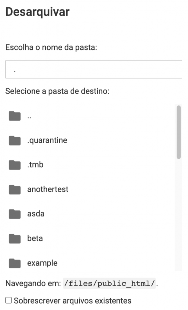 A janela de extração no Hostinger File Manager