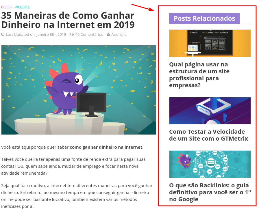 barra lateral sidebar no blog da Hostinger