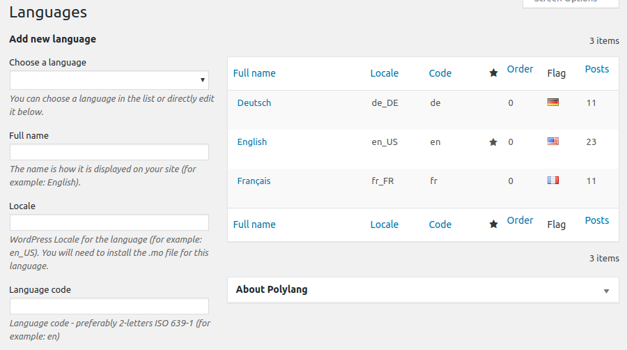 painel admin do plugin de tradução wordpress polylang