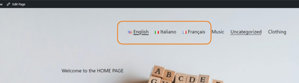 exemplo de botões de idioma do plugin Polylang