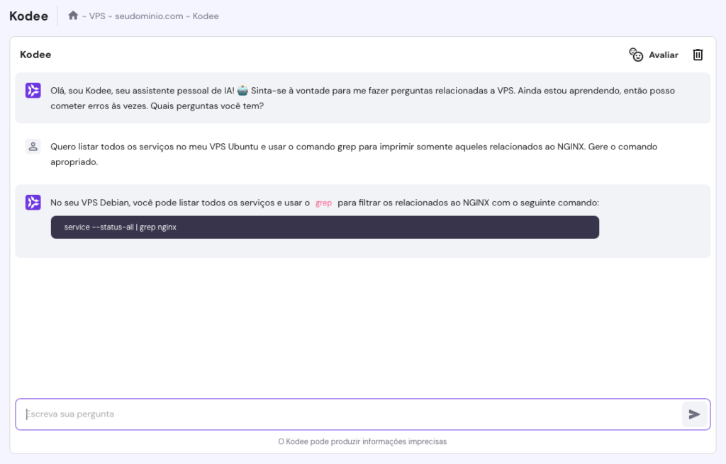 pedindo ajuda ao assistente IA kodee com o comando grep